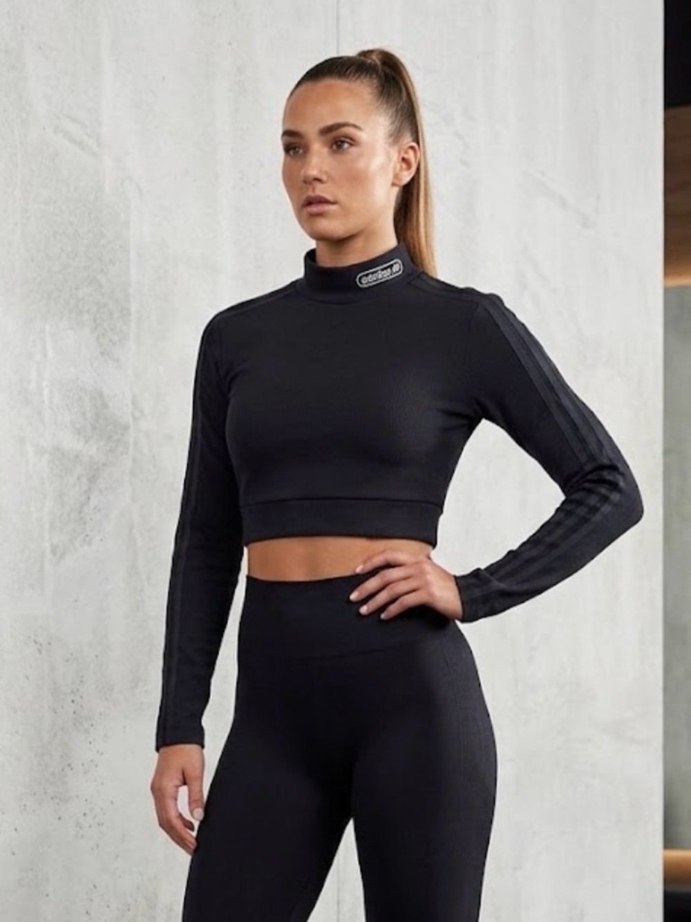 adidas Black Ribbed Cropped Mock Neck Long-Sleeve Top